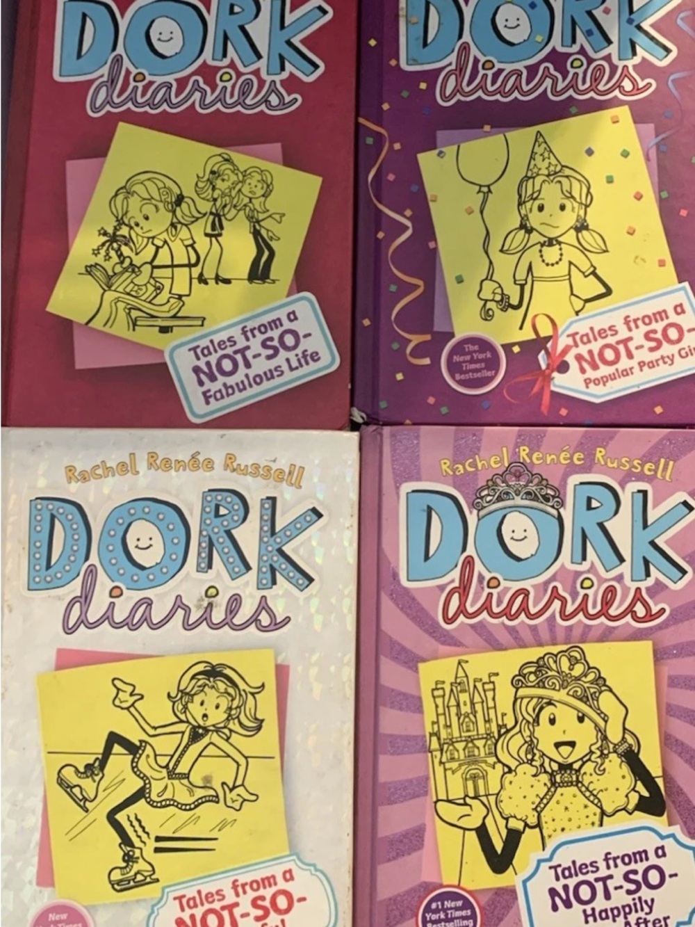Lot of 4 DORK DIARIES by Rachel Renee Russell (Books 1, 2, 4, 8)